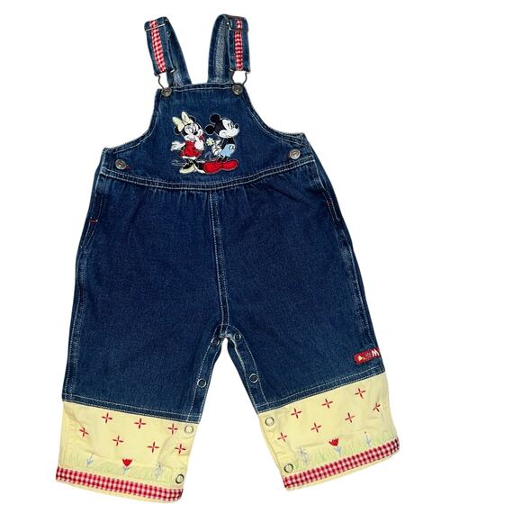 Vintage Disney Mickey & Co embroidered denim Mickey and Minnie bib overalls 6/9m - Picture 1 of 9